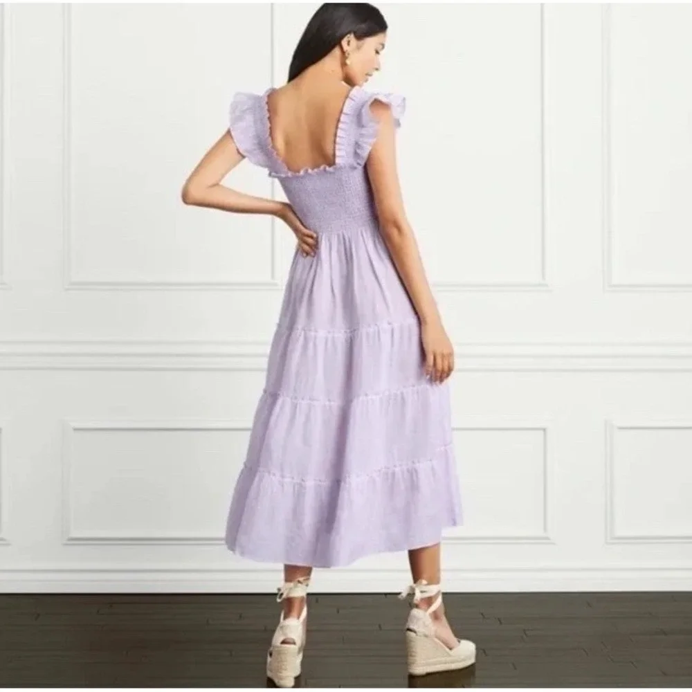 Hill House Home Ellie Nap Dress Lilac Stripe Linen Smocked Tiered Pockets XL - Picture 2 of 11
